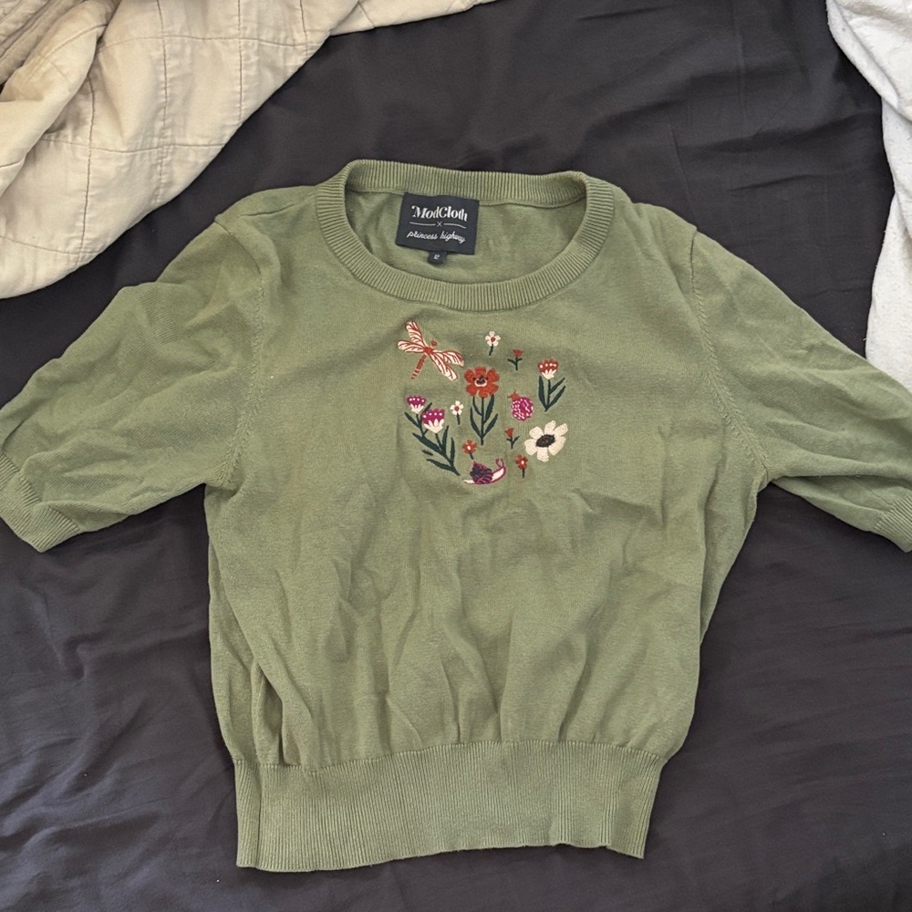 Princess Highway Olive Floral Embroidered Sweater